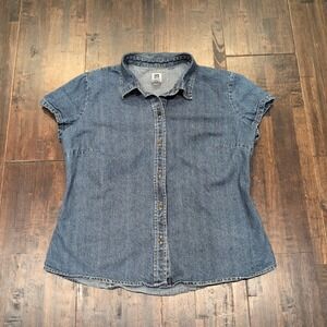 Vintage GAP‎ Factory Store Denim Jean Shirt Blue Womens XL Cap Short Sleeve Y2K